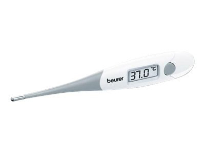 Digitales Thermometer zeigt 37,0 Grad Celsius. Weiß und grau.