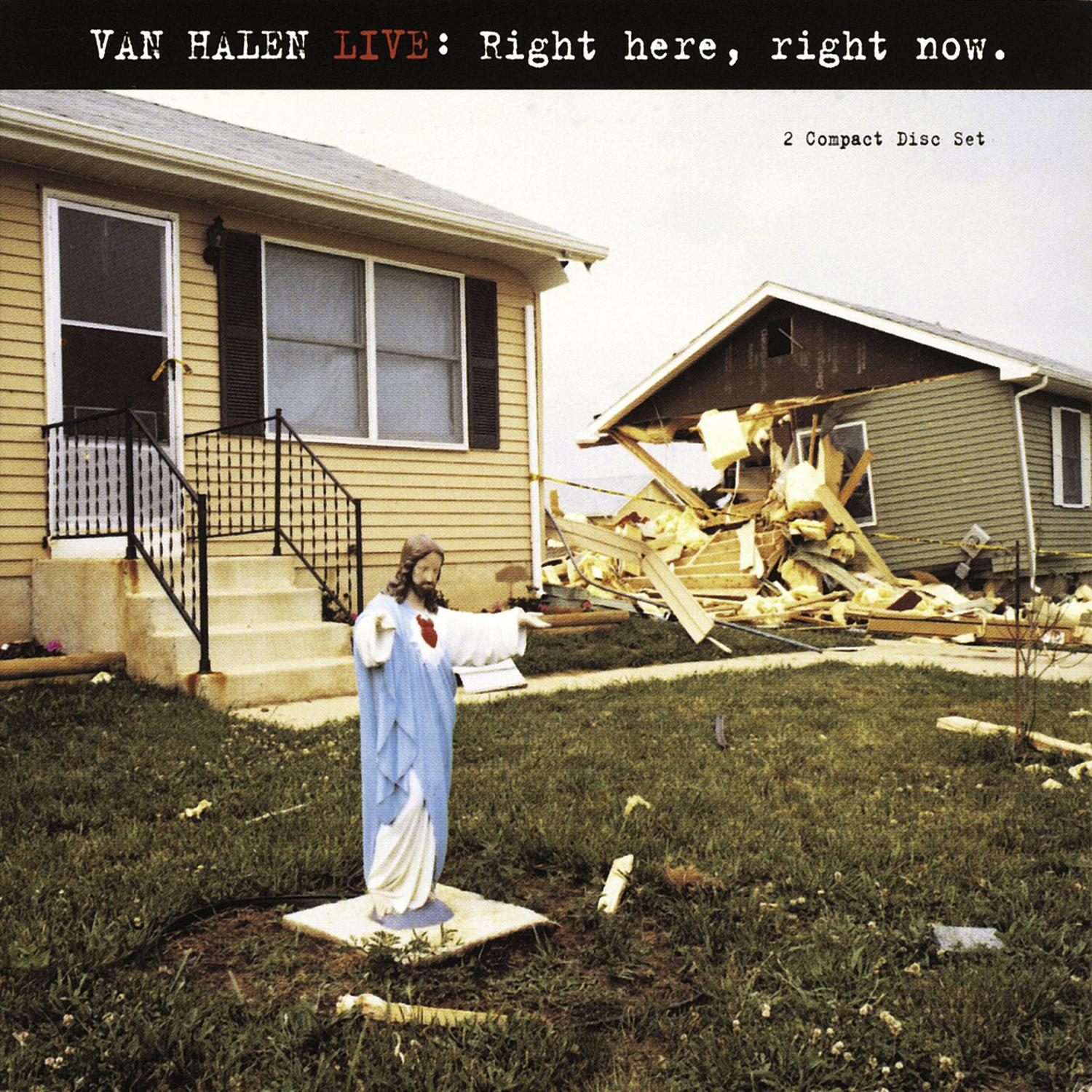 Van Halen Live Albumcover: Jesus-Statue zeigt auf ein zerstörtes Haus. Zwei Häuser. Grünes Gras.