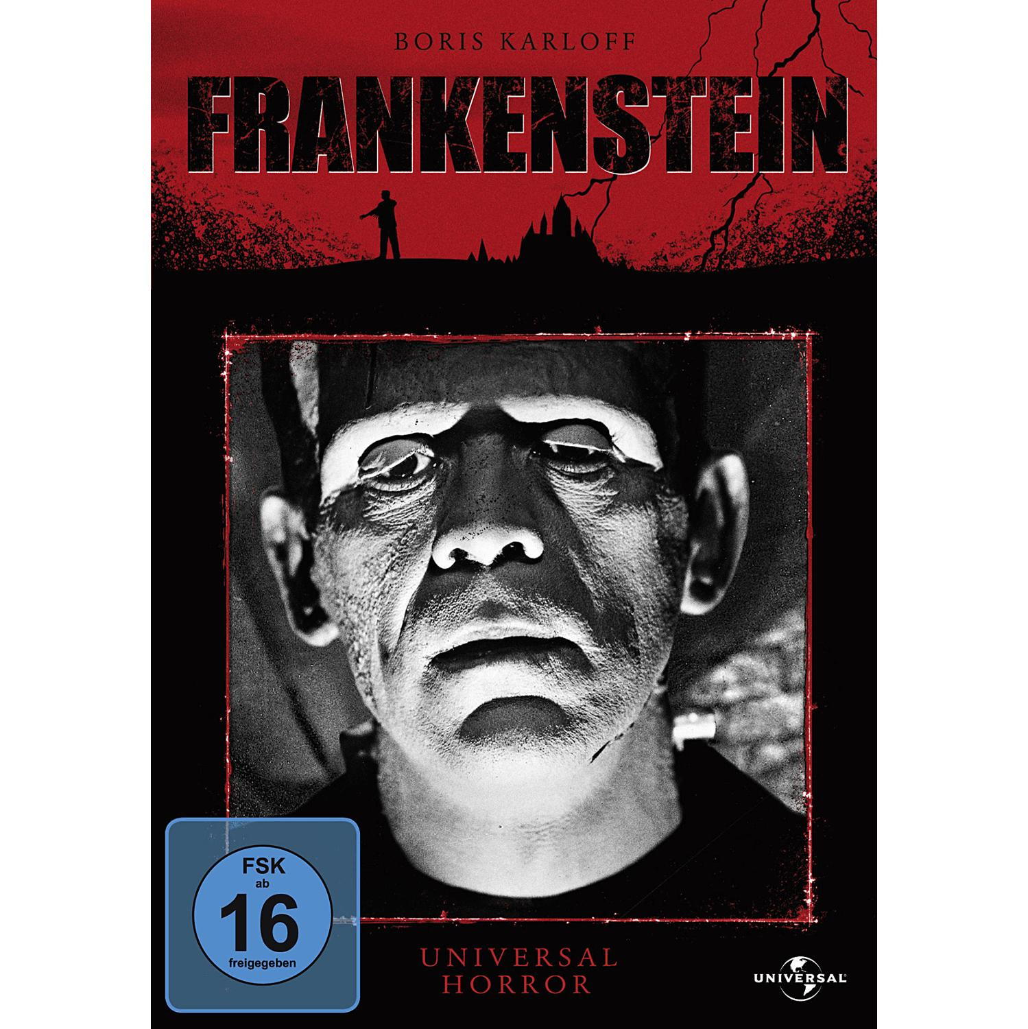 DVD-Cover von Frankenstein. Boris Karloff als Frankensteins Monster. Roter und schwarzer Hintergrund.