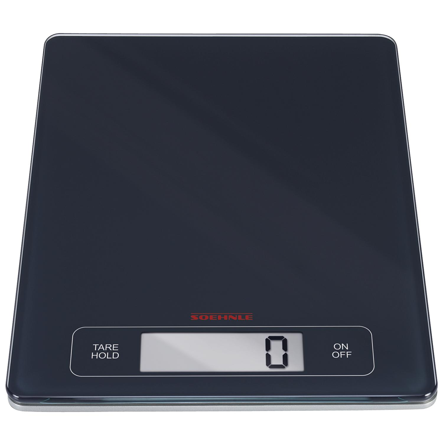 Eine schwarze digitale Küchenwaage mit einer Anzeige, die '0' zeigt. Die Waage steht auf einer weißen Oberfläche.