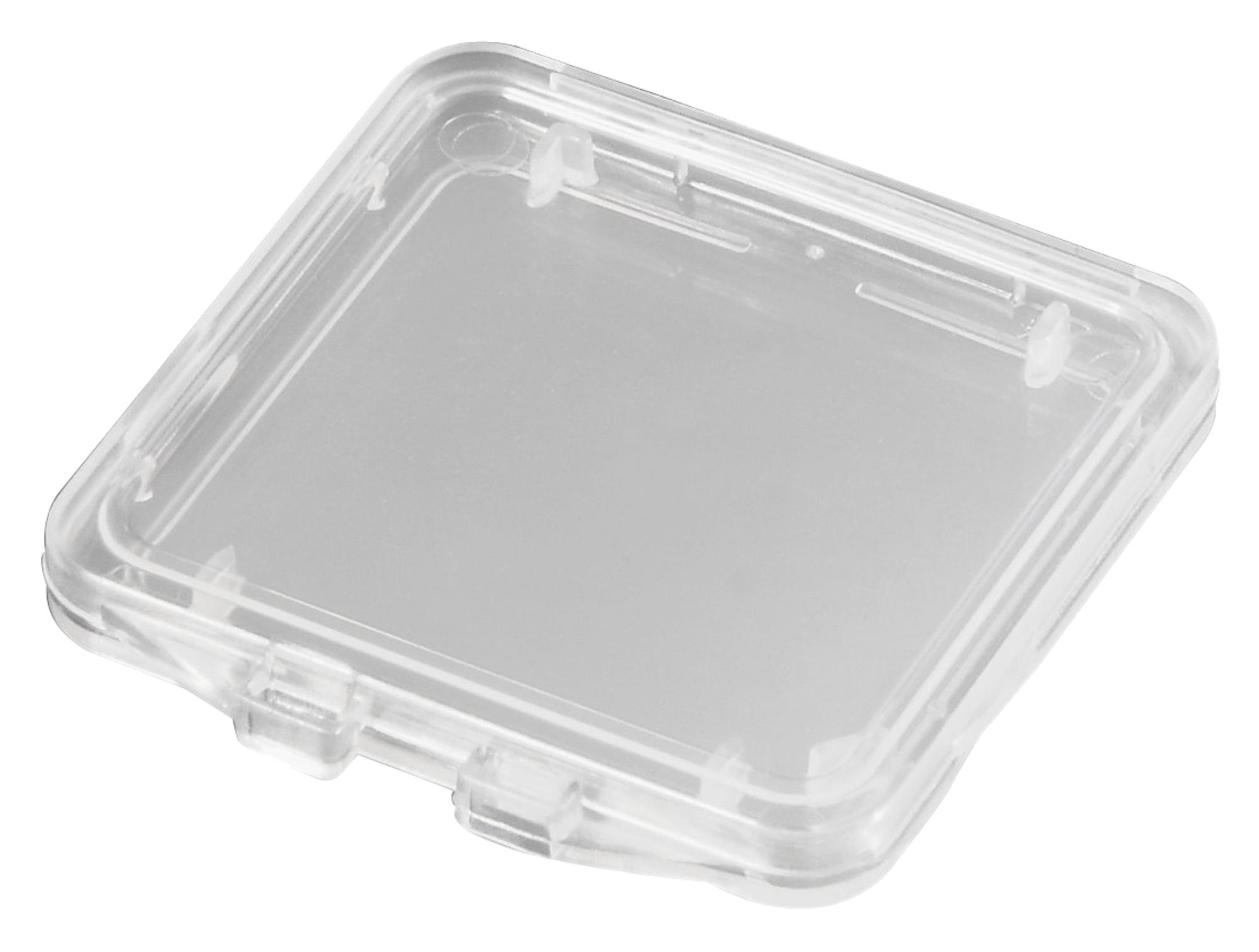 Durchsichtige Kunststoff-SD-Kartenhülle, rechteckig mit Klappdeckel und leer.