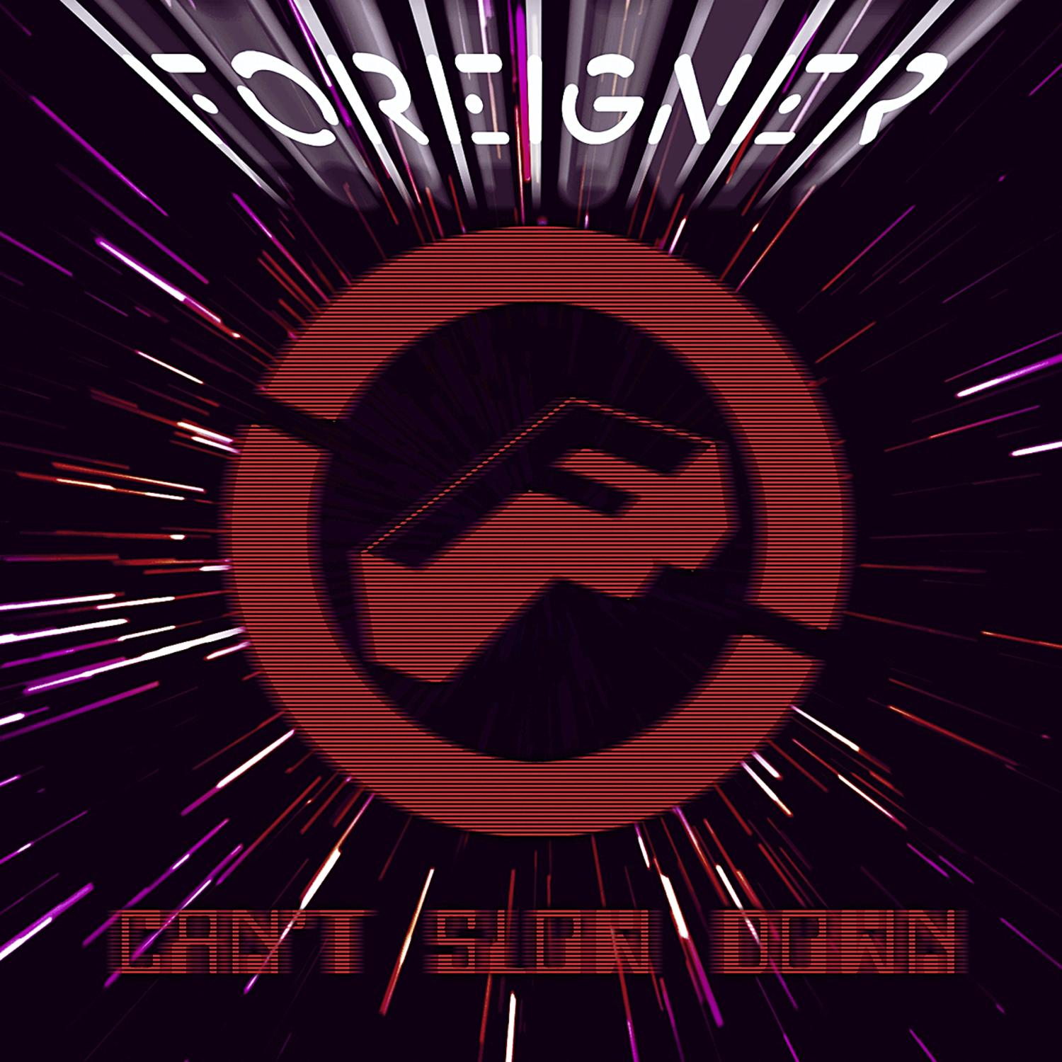 Albumcover mit Bandnamen 'Foreigner', 'F'-Symbol und Text 'Can't Slow Down'.
