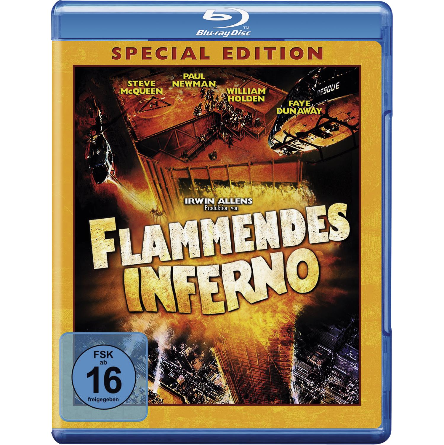 Blu-ray-Cover des Films 'Flammendes Inferno' mit brennendem Gebäude und Schauspielern.