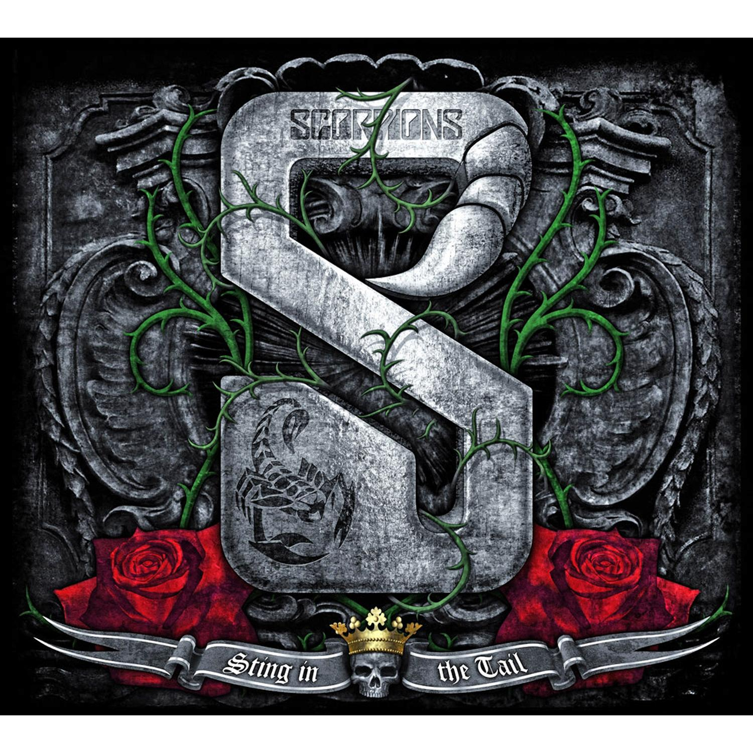 Albumcover: Ein großer Buchstabe 'S' mit einem Skorpion und Rosen, mit dem Titel 'Sting in the Tail'.