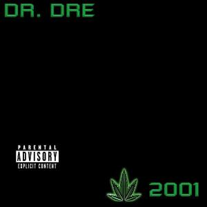 Dr. Dres Albumcover. Schwarzer Hintergrund mit einem Cannabisblatt-Symbol und dem Jahr 2001.