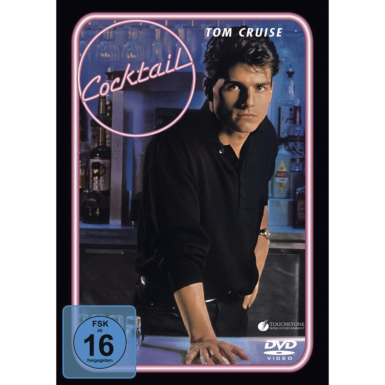 DVD-Cover: Tom Cruise, ein Mann in schwarzem Hemd, Text 'Cocktail' und eine Bewertung.