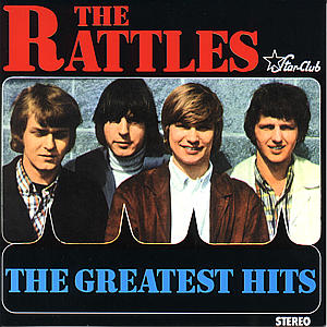 The Rattles Albumcover. Vier Männer, Bandmitglieder, stehen vor einer Backsteinmauer. Text.