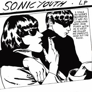 Schwarz-weiß-Albumcover von Sonic Youth. Zwei Personen mit Sonnenbrillen, Text.
