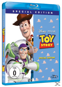 Blu-ray Disc-Cover für Toy Story. Enthält Woody und Buzz Lightyear. Disney Pixar-Logo sichtbar.
