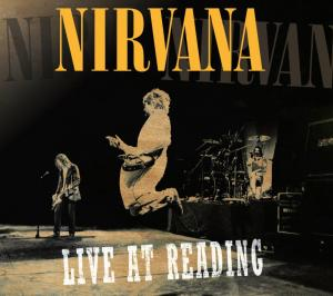 Albumcover mit Nirvana, live in Reading, mit Kurt Cobain beim Springen und Bandmitgliedern, dunkler Hintergrund.