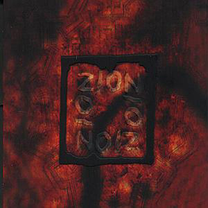 Albumcover. Rote und schwarze abstrakte Kunst, mit dem Wort ZION in dunklen, strukturierten Buchstaben.