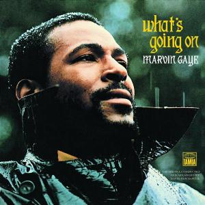 Marvin Gaye auf dem Albumcover. Er blickt nach oben, trägt einen schwarzen Mantel, mit dem Titel "What's Going On".
