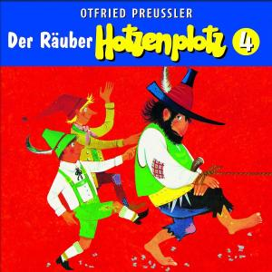 Buchcover für 'Der Räuber Hotzenplotz'. Cartoon-Illustration von Figuren auf rotem Hintergrund.