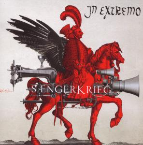 Albumcover: In Extremo. Rote Figur auf rotem Pferd mit mechanischen Teilen. Schwarzer Text.