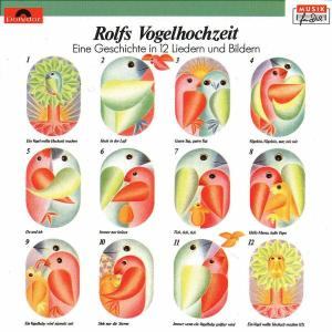 Rolfs Vogelhochzeit Albumcover. 12 farbige Vogelillustrationen mit deutschem Text. Ein Musikalbum.