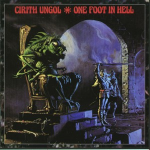 Cirith Ungol Albumcover. Ein Monster auf einem Thron. Zwei Krieger mit Schwertern. Dunkle Farben.
