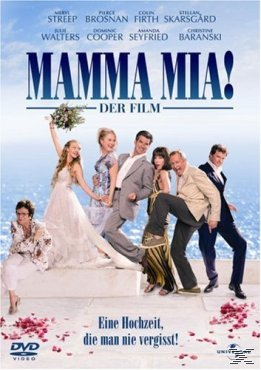 Mamma Mia! Filmplakat, Gruppe auf weißer Oberfläche, Text im Hintergrund.