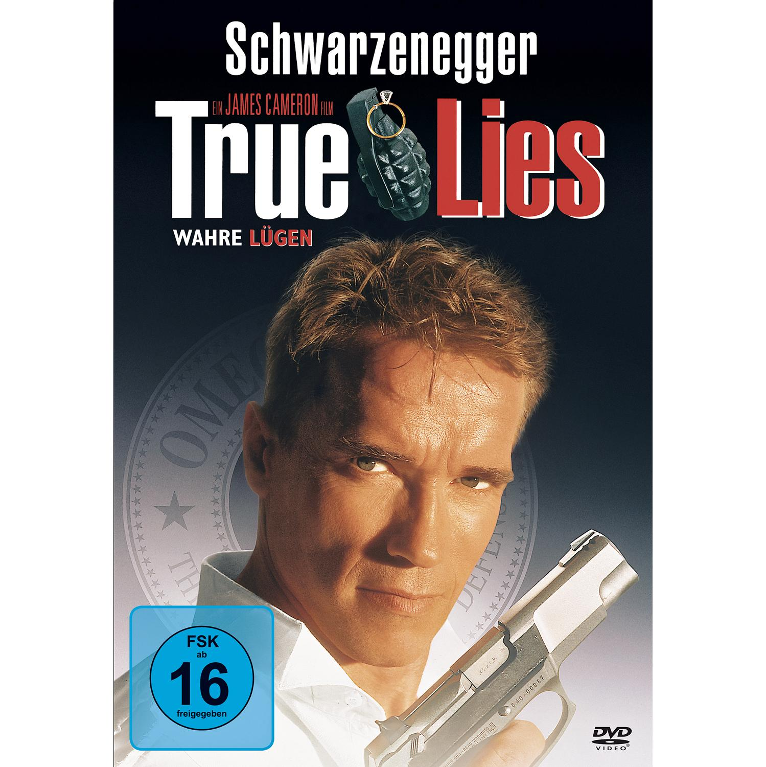 DVD-Cover von True Lies. Arnold Schwarzenegger ist zu sehen. Oben ist eine Granate. Dunkler Hintergrund.