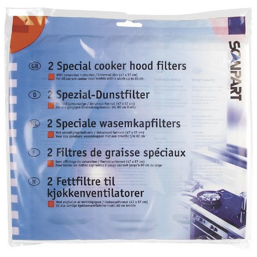 Verpakking voor afzuigkapfilters. Tekst in meerdere talen. Een afbeelding van een keuken staat onderaan.