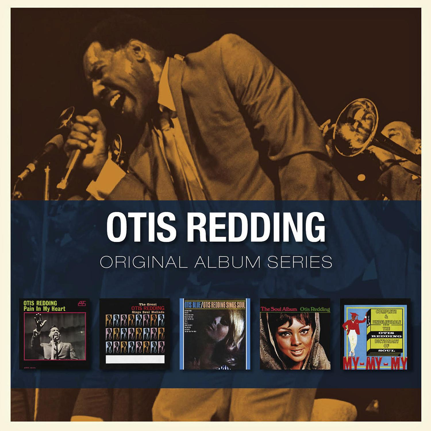 CD-Cover, Otis Redding singt in ein Mikrofon. Unten eine Reihe von Albumcovern.