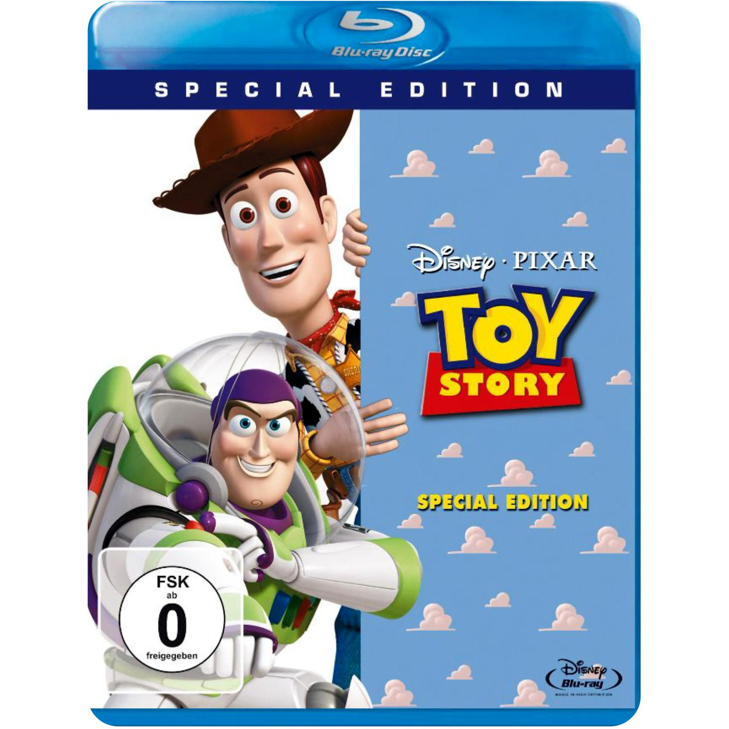 Toy Story Blu-ray-Cover. Woody und Buzz Lightyear sind auf dem Cover mit dem Disney Pixar-Logo.