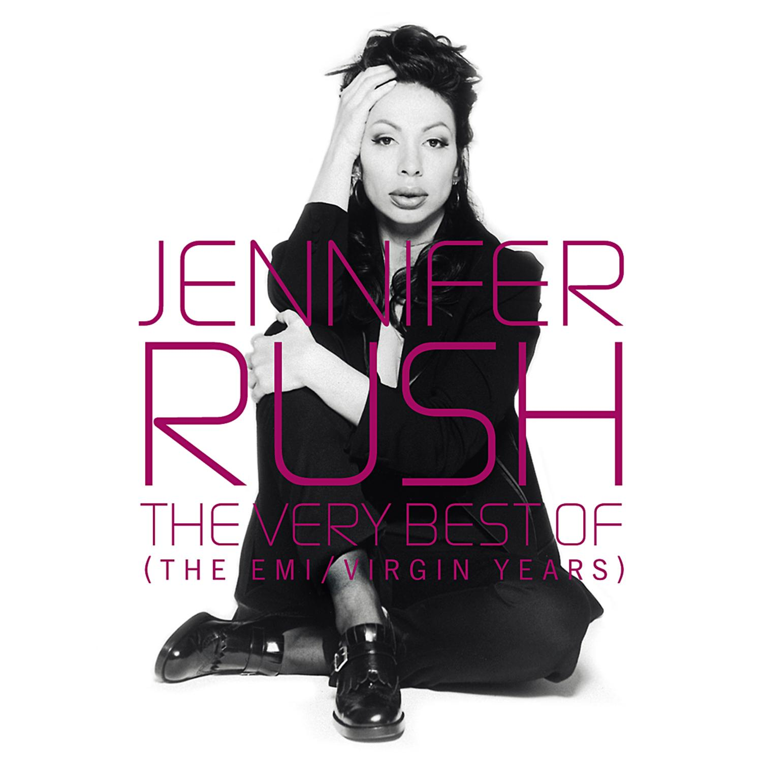 Albumcover: Jennifer Rush, sitzend, schwarz gekleidet, mit Textüberlagerung. Titel: "The Very Best Of".