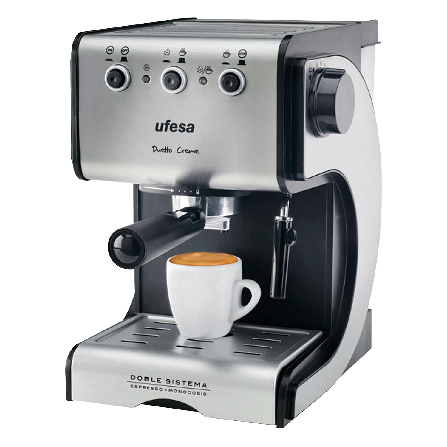 Cafetera express - Ufesa CE7141 Dueto Creme 15 Bares de presión, 2 filtros especiales para crema,
