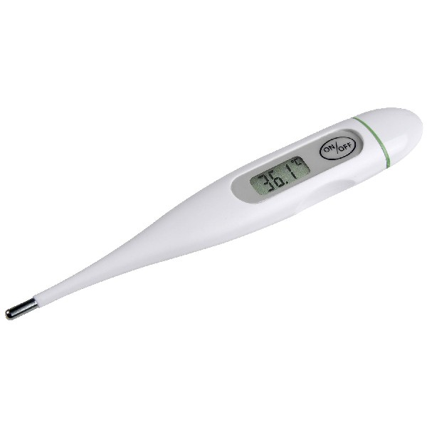 Thermomètre numérique blanc. L'écran affiche 36,1. Accent vert en haut. Extrémité pointue.