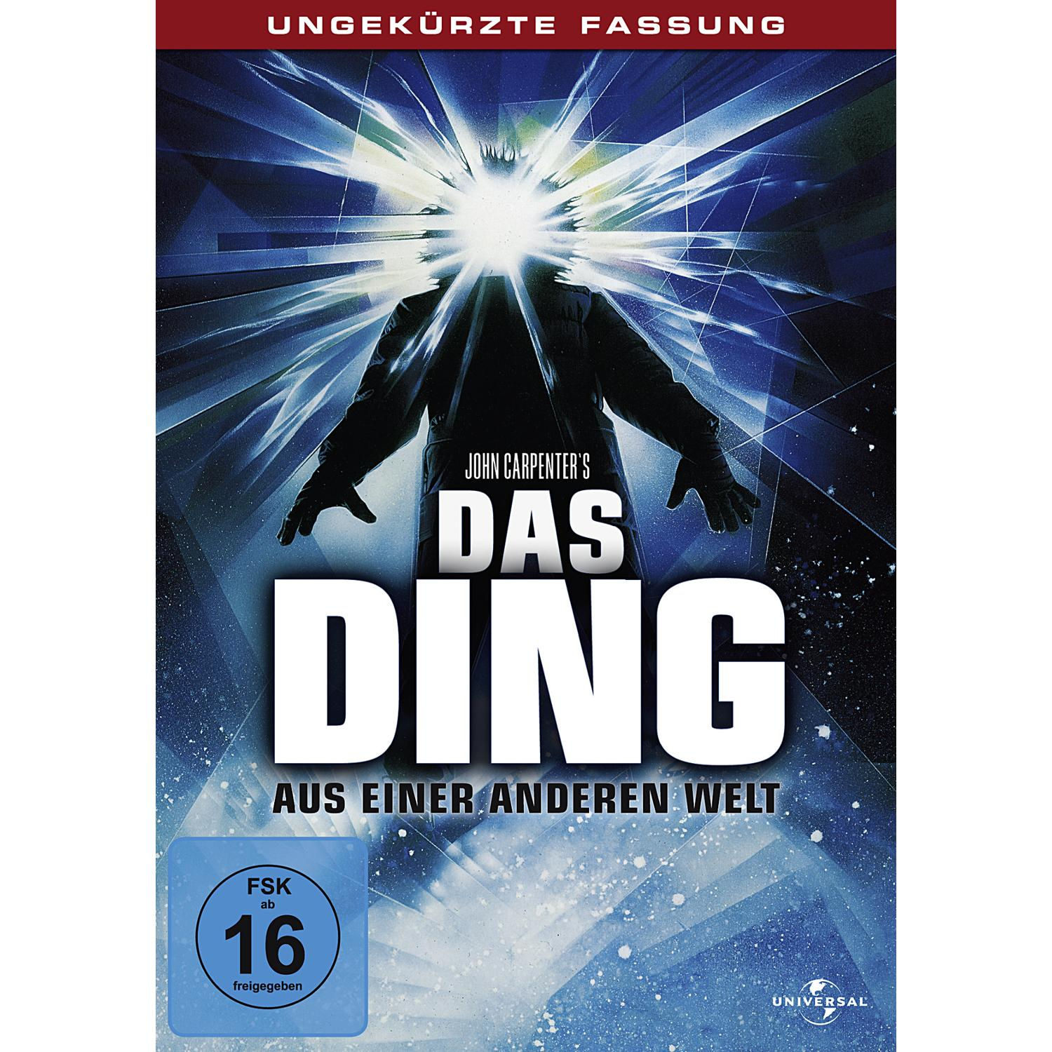 DVD-Cover mit einer Silhouette und blauem Licht. Titel ist "Das Ding aus einer anderen Welt". Bewertung ist 16.