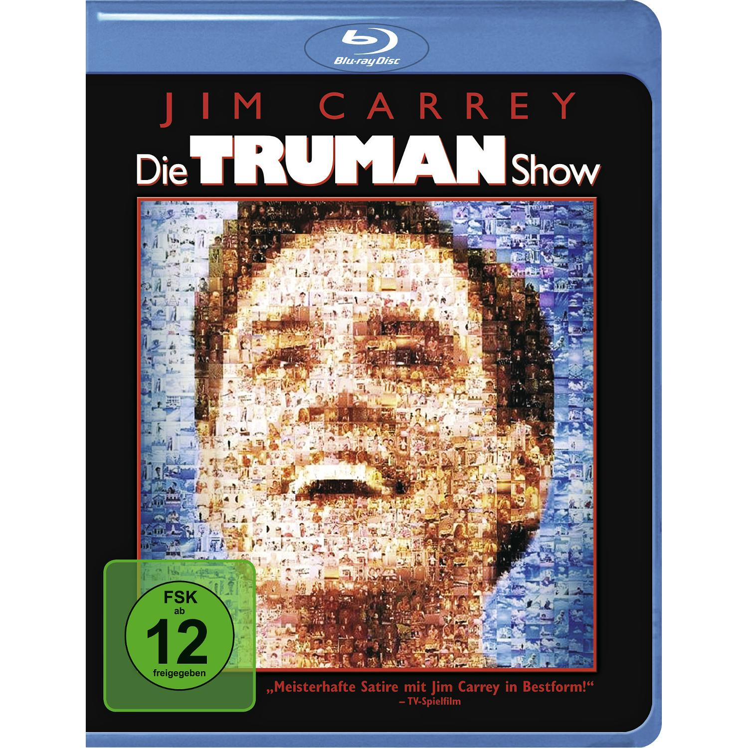 Filmcover mit Jim Carreys Gesicht, Titel 'Die Truman Show'.