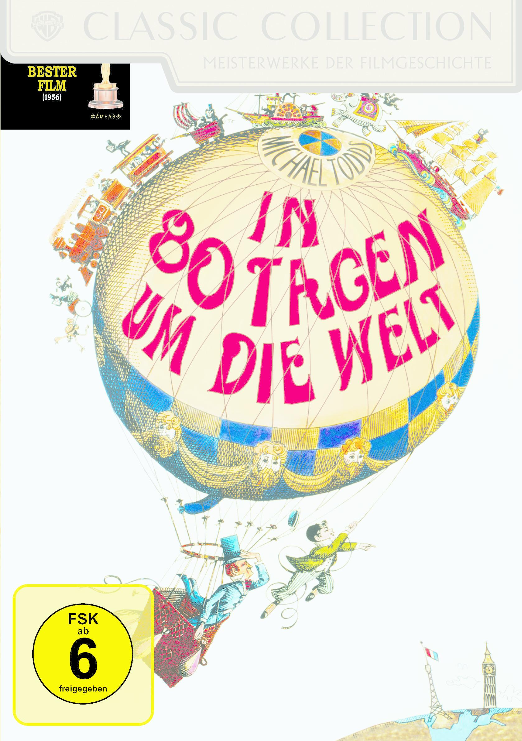 Filmposter für 'In 80 Tagen um die Welt'. Ein großer Heißluftballon dominiert die Szene.