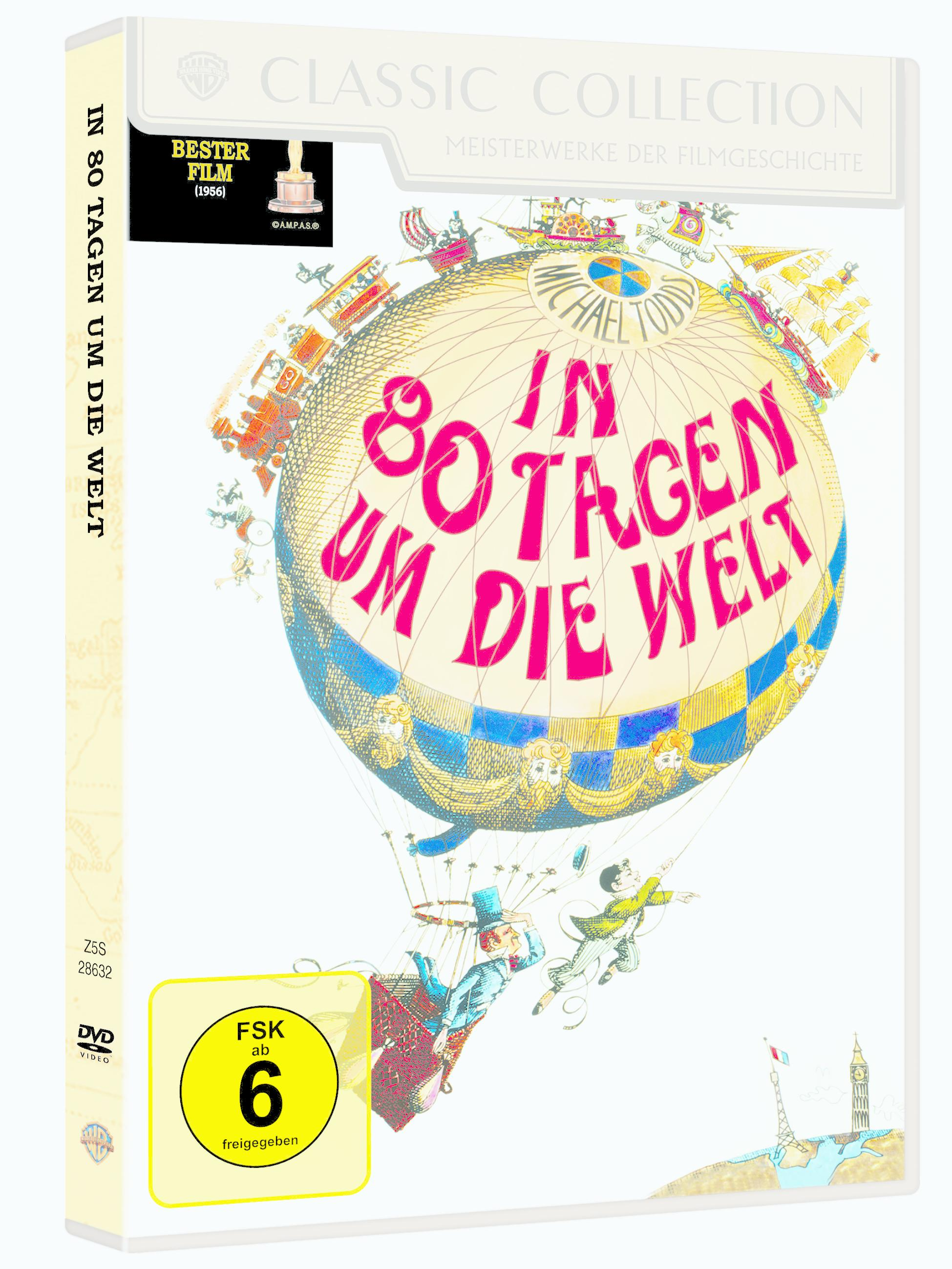 DVD-Cover für 'In 80 Tagen um die Welt'. Enthält eine Weltkugel mit Menschen und Heißluftballons.