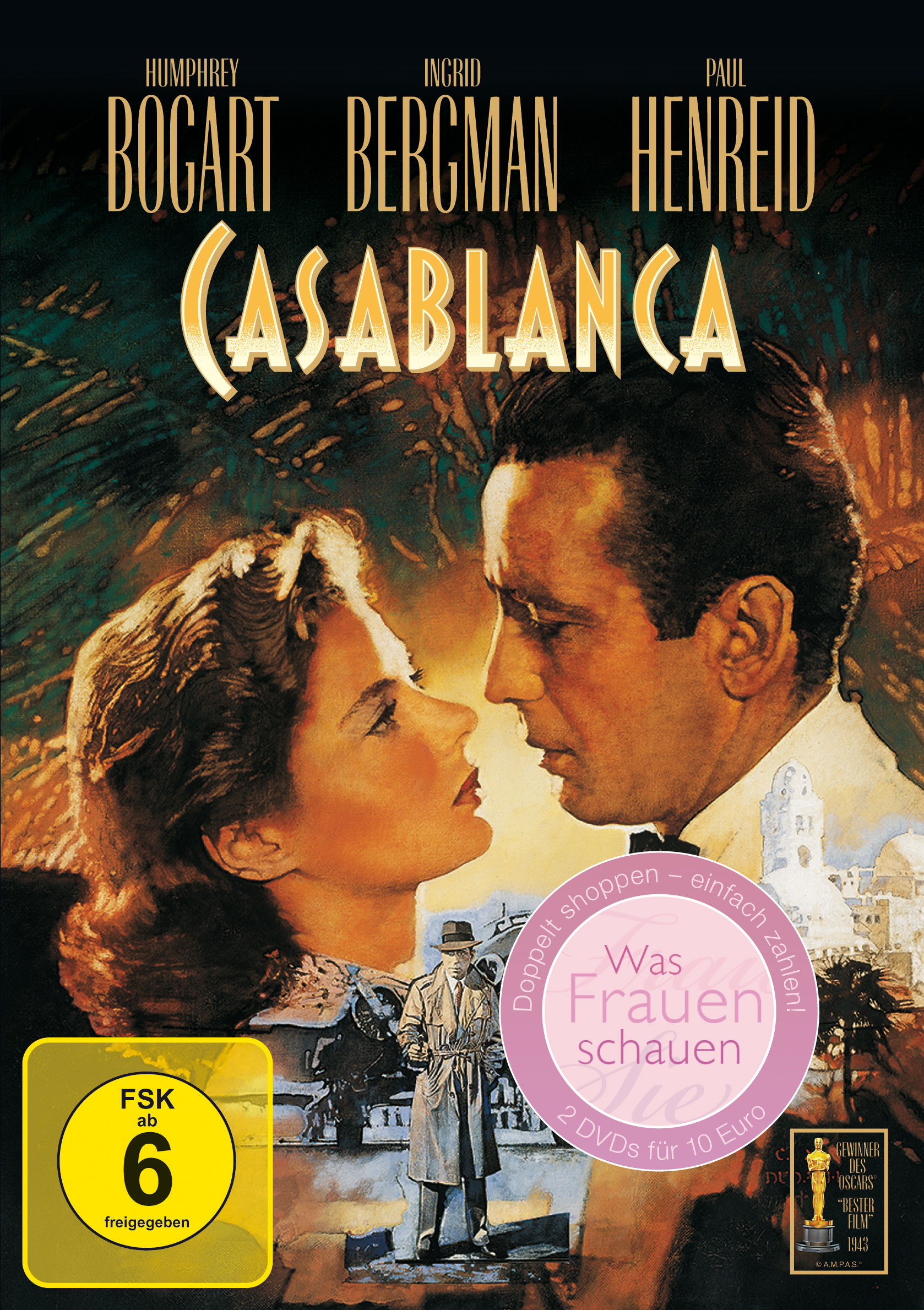 DVD-Cover von 'Casablanca' mit Humphrey Bogart und Ingrid Bergman, die sich gegenüberstehen.