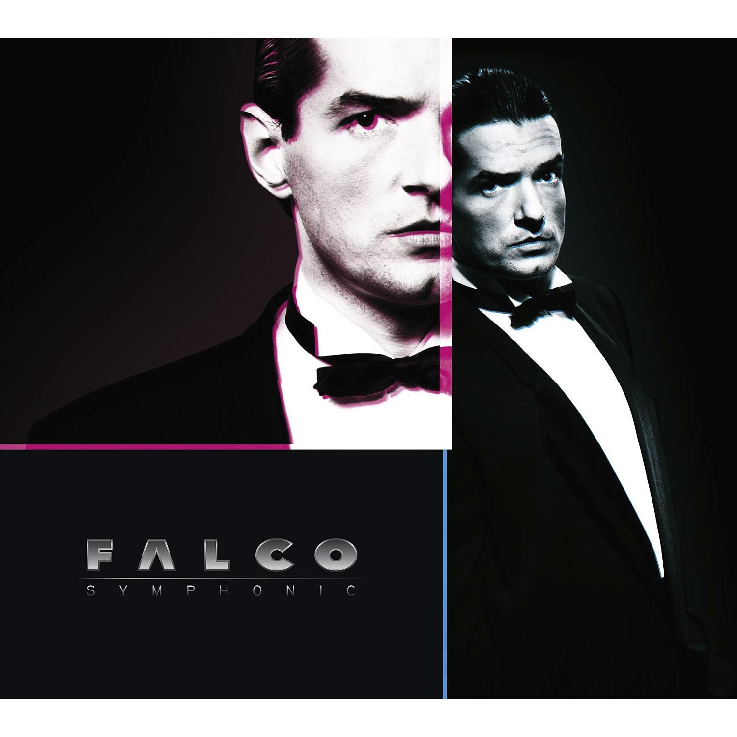 Falco Albumcover. Zwei Bilder eines Mannes im Smoking, eines in der Mitte geteilt.