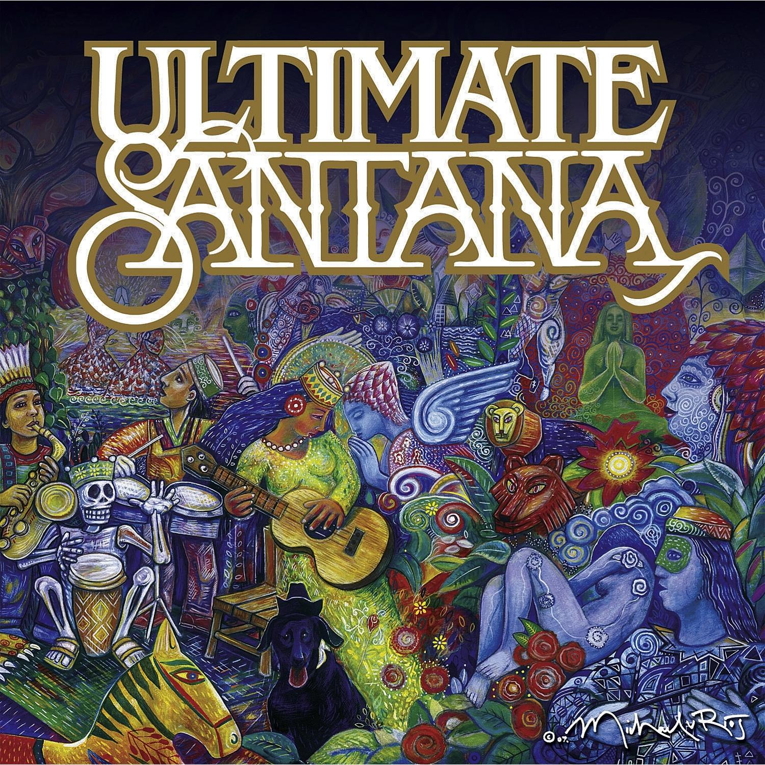 Ultimate Santana Albumcover: Bunte Illustrationen von Musikern und Figuren in einer lebendigen Szene.