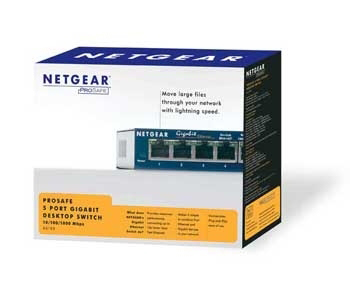 Netgear ProSafe Box mit einem Netzwerk-Switch, mit Text über Gigabit-Desktop-Switch.
