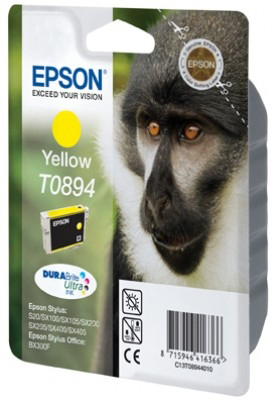 Eine Epson-Tintenpatronenverpackung mit einem Affen im Hintergrund. Die Verpackung ist gelb, mit schwarzem Text. Der Affe hat braune Augen.