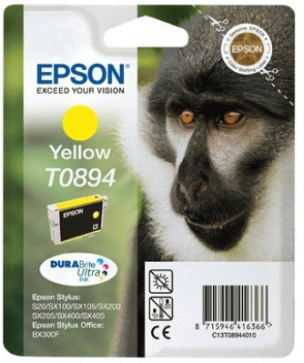 Epson-Tintenpatronenverpackung mit gelbem Kreis und Affengesicht im Hintergrund.