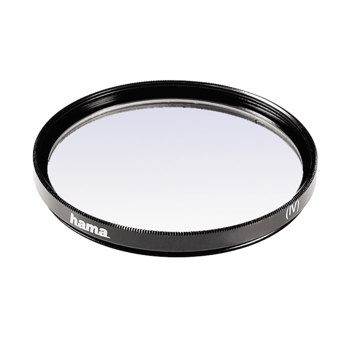 Zwart Hama camerafilter. Circulair ontwerp, zwarte rand en helder glas in het midden.