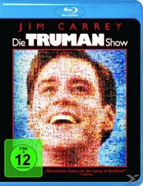 Blu-ray-Disc-Cover für 'The Truman Show' mit Jim Carreys Gesicht aus kleineren Bildern.