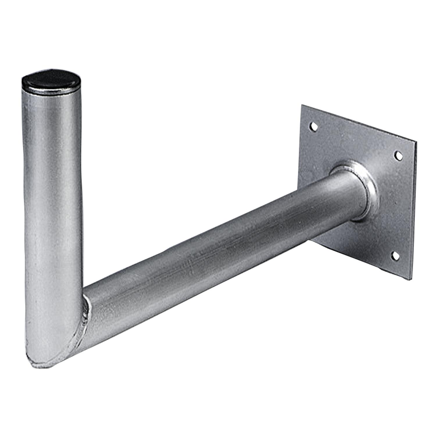 Eine Halterung für eine silberne Metallantenne auf weißem Hintergrund. Es ist L-förmig.