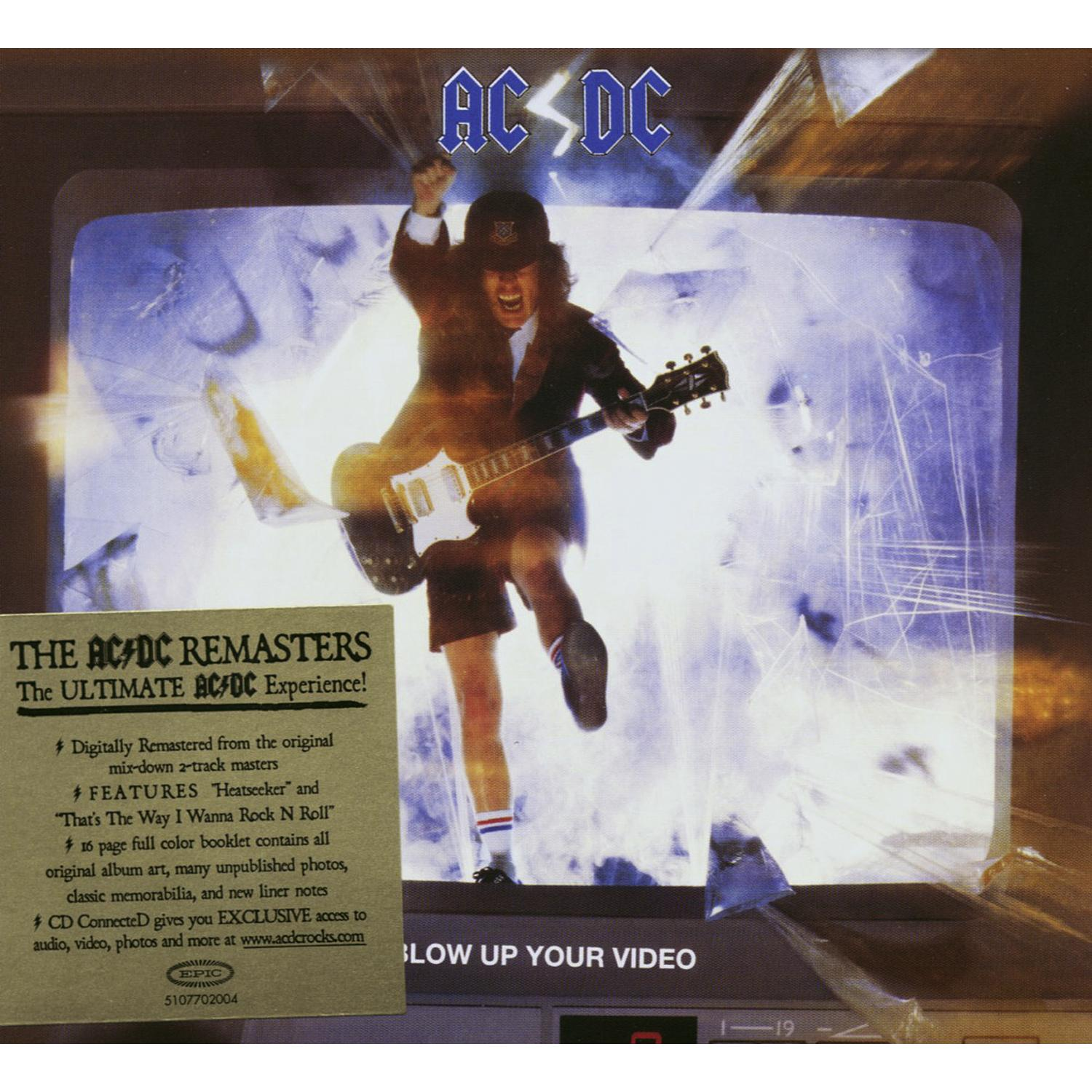 AC/DC-Albumcover. Ein Mann mit Gitarre bricht durch einen Fernsehbildschirm. Text und Aufkleber links.