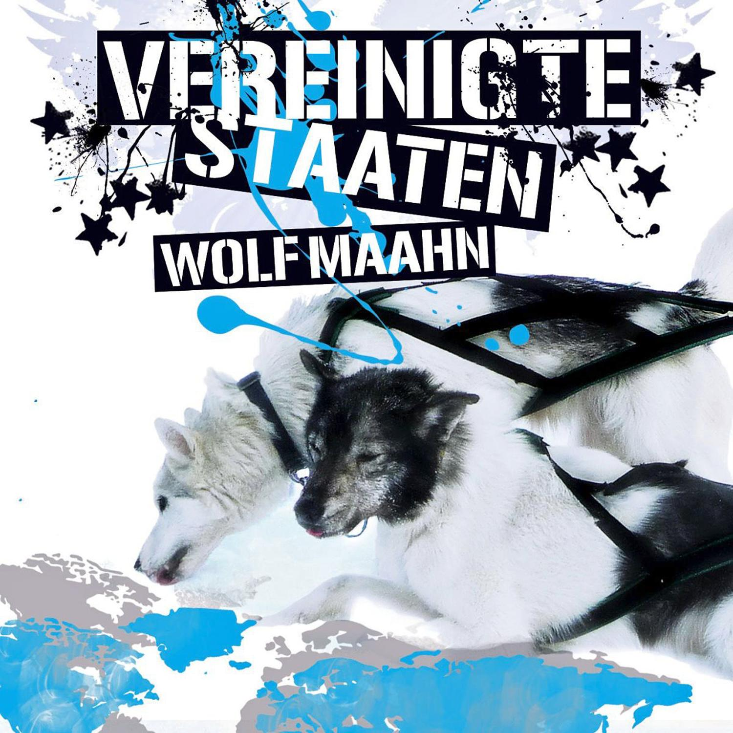 Albumcover mit zwei Hunden, Text 'Vereinigte Staaten' und 'Wolf Maahn'. Blaues und weißes Farbschema.