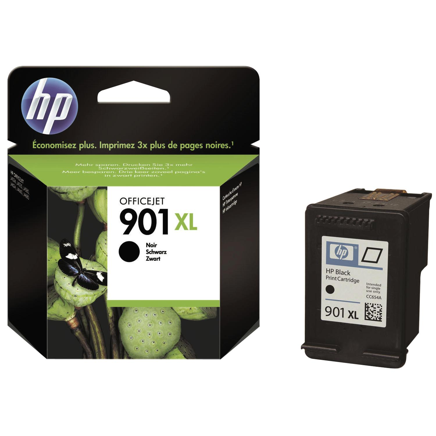 Eine HP-Tintenpatrone mit ihrer Verpackung, die den Tintenstand und das Etikett zeigt.