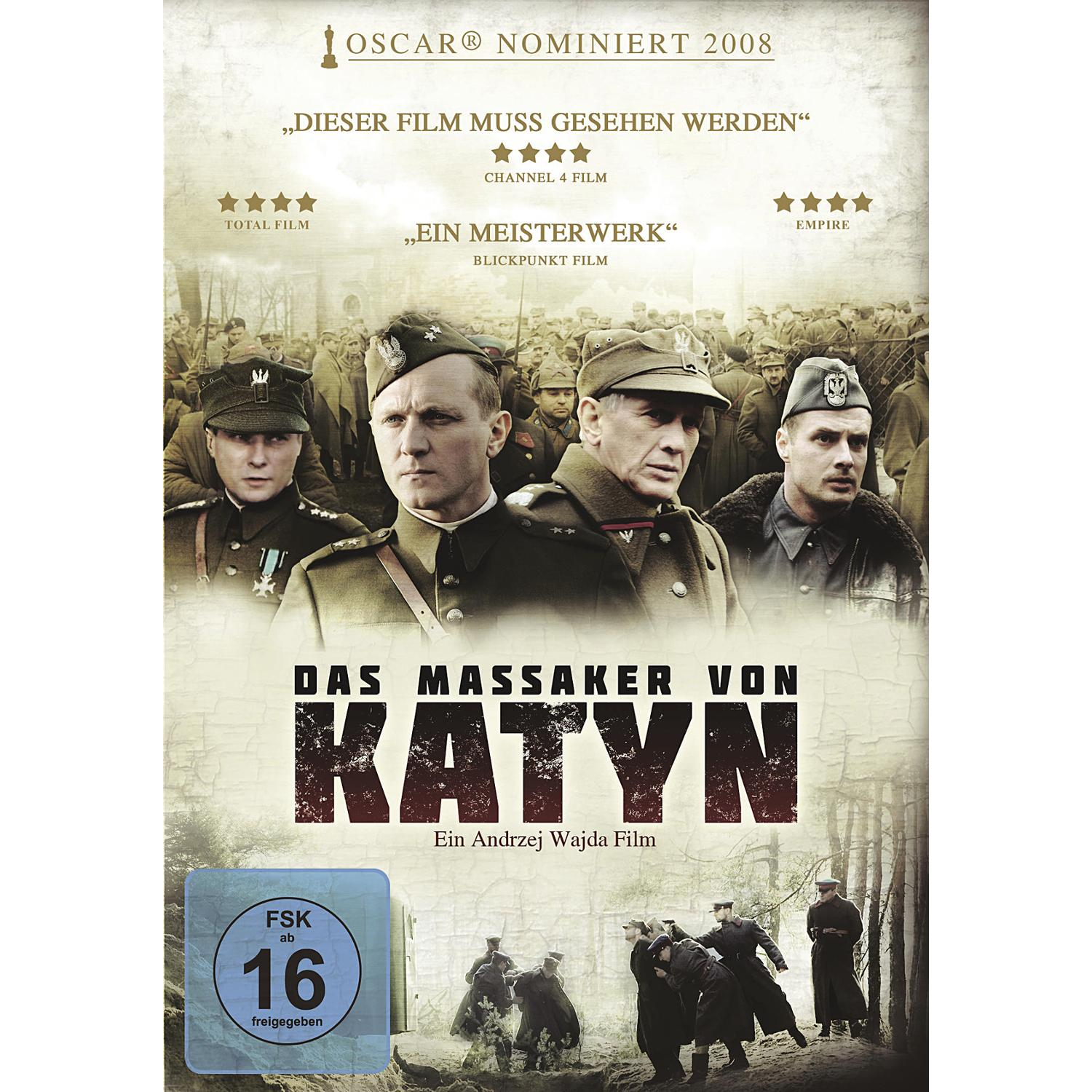 DVD-Cover: Soldaten in Uniform, mit Filmtitel 'Das Massaker von Katyn'.