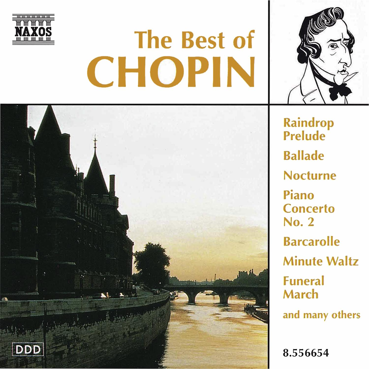Albumcover 'The Best of Chopin' mit einer Zeichnung von Chopin und einem Gemälde einer Flussszene.