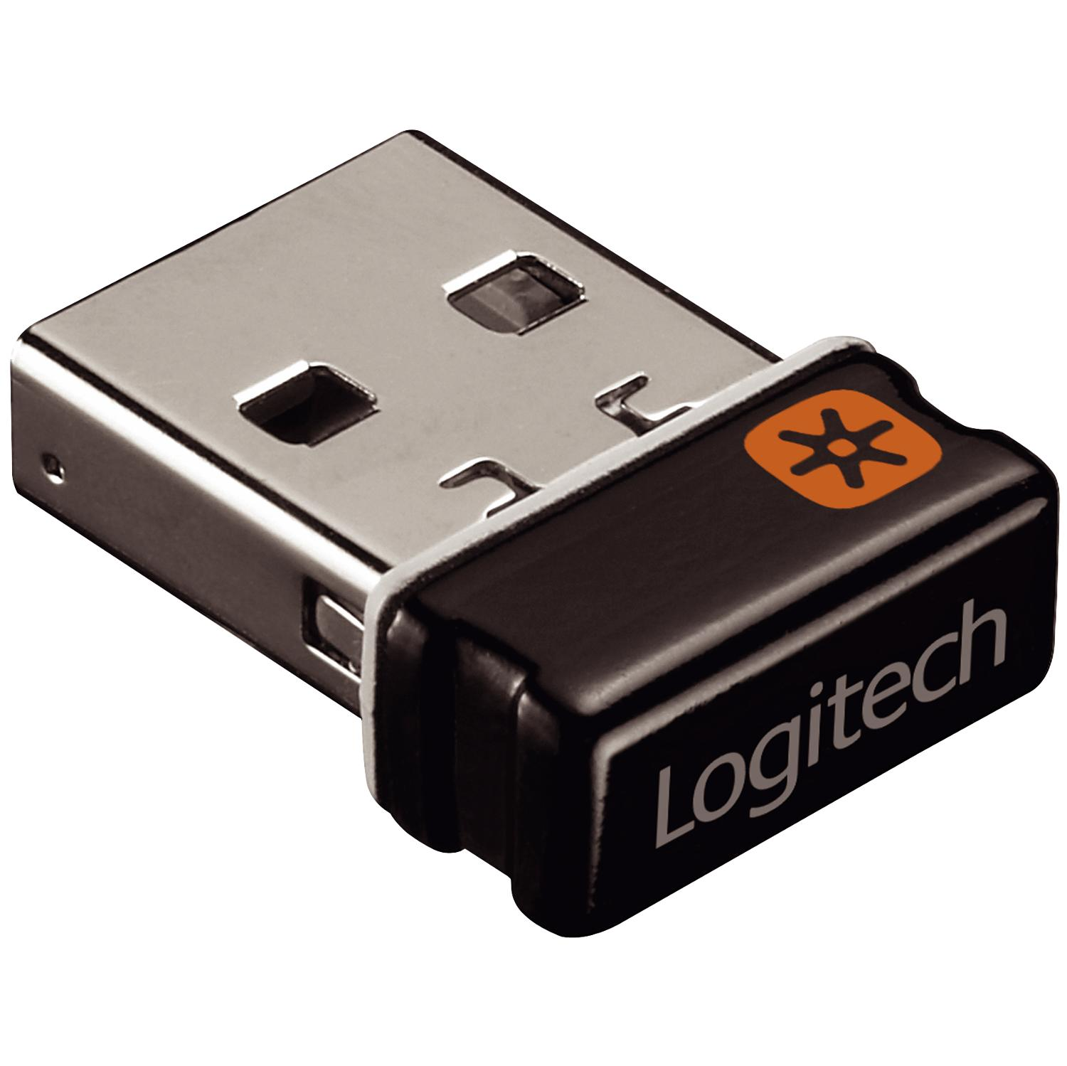 Een zwarte en zilveren Logitech USB-ontvanger met een oranje logo, voor draadloze apparaten.