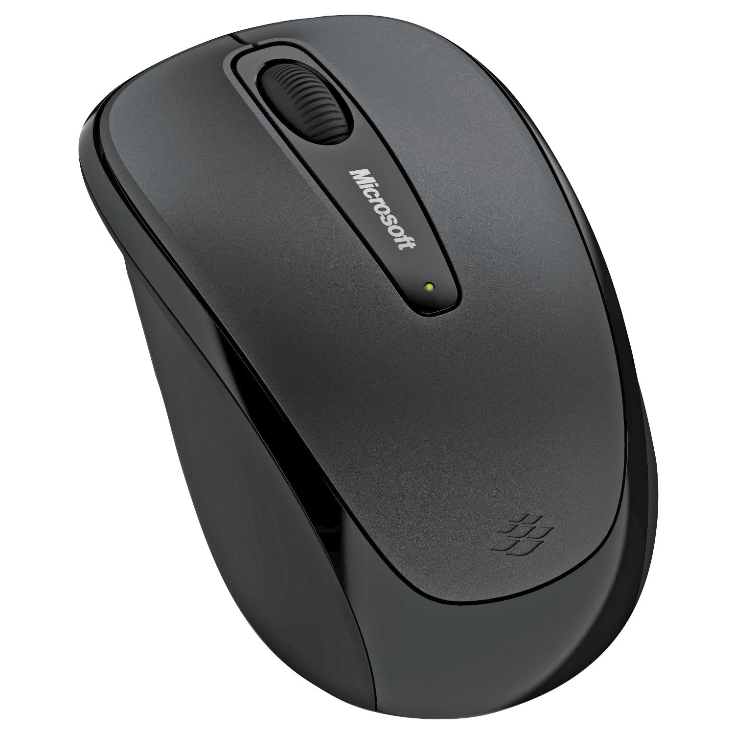 Schwarze drahtlose Microsoft-Maus mit Scrollrad und grünem Licht.