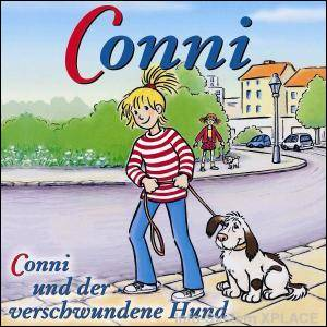 Cartoon-Illustration eines Mädchens mit Hund, das eine Straße entlanggeht.