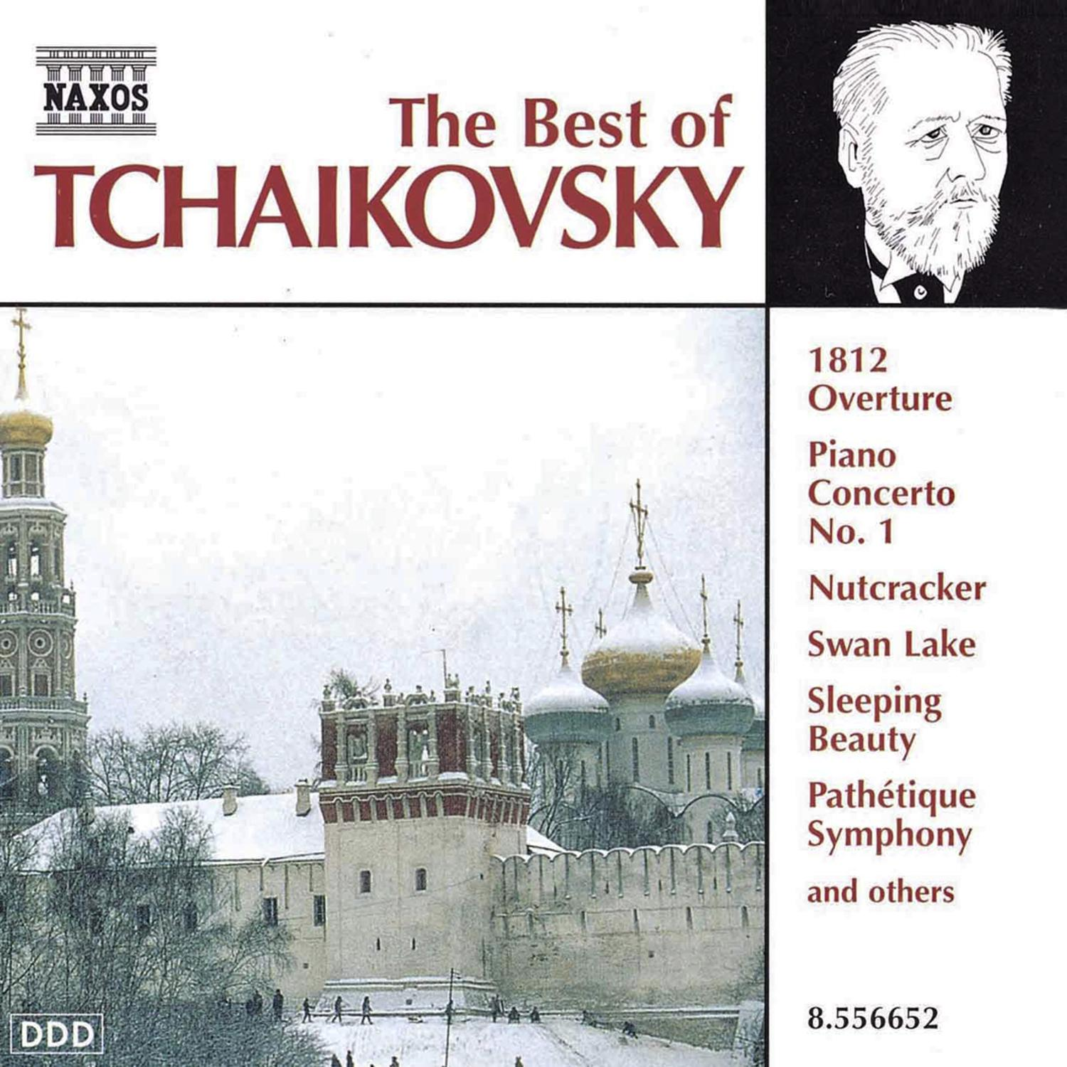 CD-Cover mit russischer Architektur und Text. 'The Best of Tschaikowsky'-Titel, Portrait von Tschaikowsky und Werkliste.
